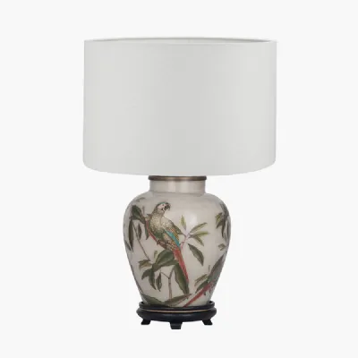Parrot Small Glass Table Lamp Base with Lino 25cm White Self Lined Linen Cylinder Lampshade