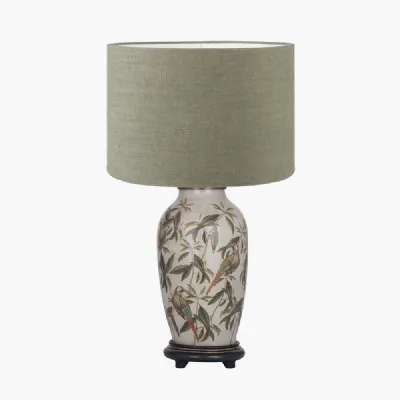 Parrot Tall Glass Table Lamp Base with Edward 40cm Pistachio Green Linen Cylinder Lampshade