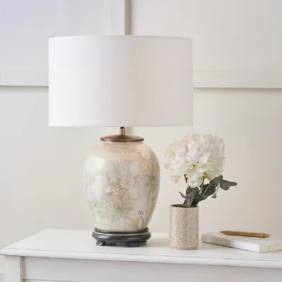 Floral Glass Table Lamp White Handloom Cylinder Lampshade