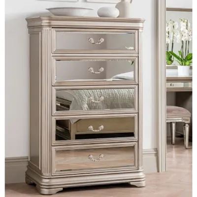 Mirrored Glass Taupe Painted Tall Chest of 5 Drawers