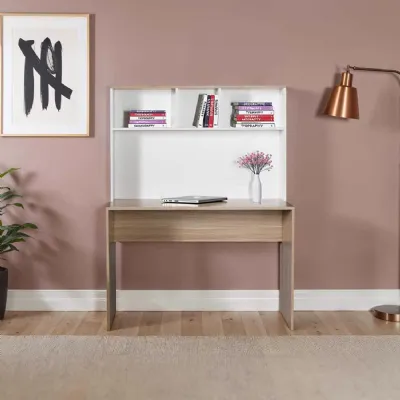 Adore Teen White And Oak Study Desk with Storage Hutch
