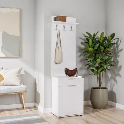 Adore White Hall Stand with Drawer, Hooks And Shoe Cupboard Entryway Organiser