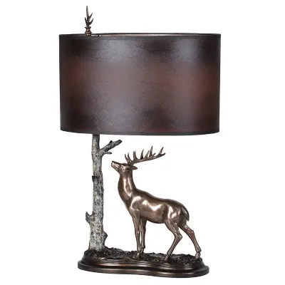 Bronze Gold Deer Stag and Tree Table Lamp With Burgundy Oval Shade
