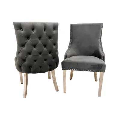 Luxury Dark Grey Velvet Deep Buttoned Back Dining Chair with Chrome Stud Detailing