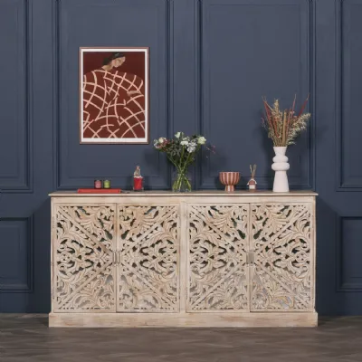 Light Mango Wood Large Sideboard 2 Ornate Mirrored Doors