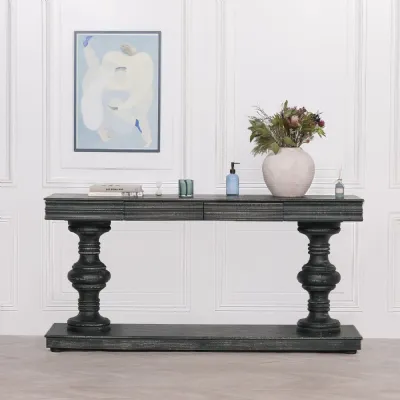 Black Distressed Wood Large 2 Drawer Console Table