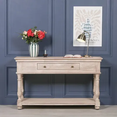 Natural Wood 1 Drawer Console Table with Storage Shelf