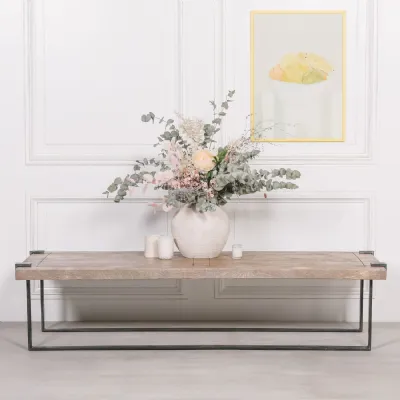 Industrial Rustic Wood Low Coffee Table Wrought Iron Legs
