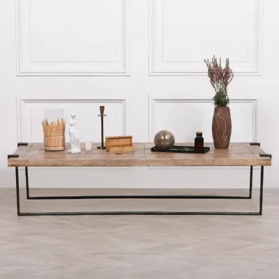 Industrial Wrought Iron Coffee Table with Rustic Wood Top
