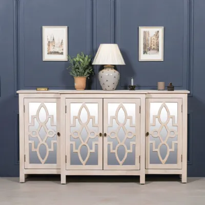 Rustic Wood Large Sideboard with 4 Breakfront Mirrored Doors