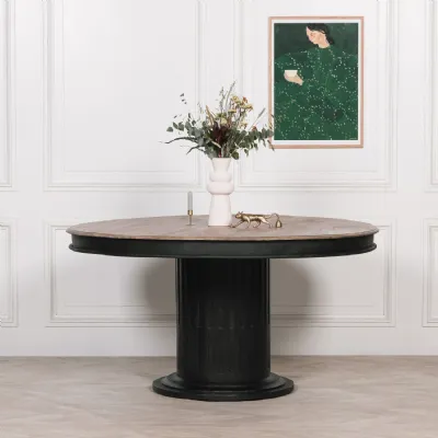 Black Wood Large Round Dining Table Column Base 6 Seater