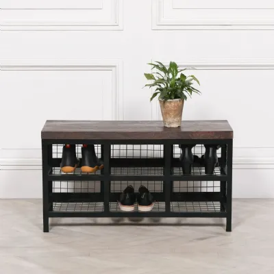 Black Metal Storage Bench with Wooden Top