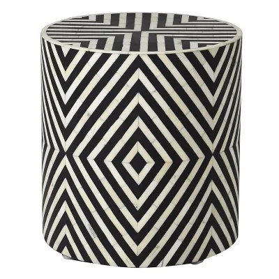 Matrix Bone Inlay Stool Geometric Pattern Black and White Round Shaped