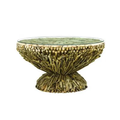 Rustic Style Driftwood Round Glass Top Coffee Table