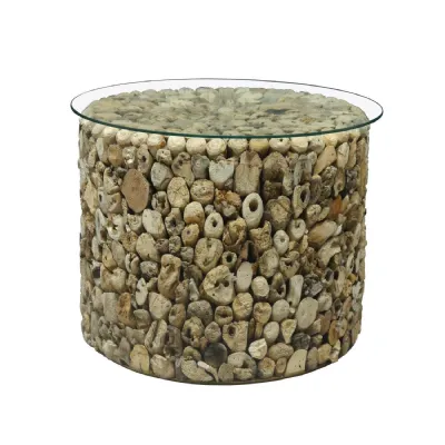Natural Driftwood Round Lamp Table with Glass Top Drum Design