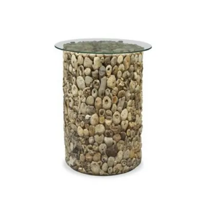 Natural Driftwood Tall Round Lamp Side Table with Glass Top