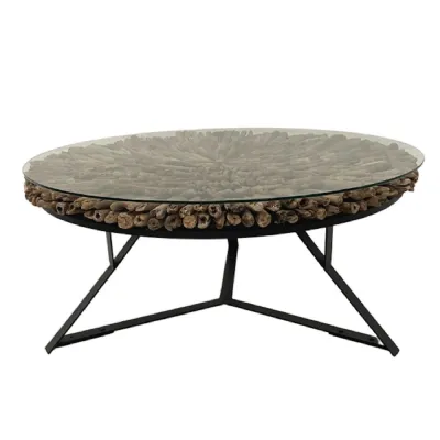 Round Driftwood and Glass Top Coffee Table with Black Steel Base
