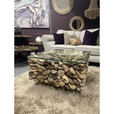 Modern Square Driftwood Clear Glass Top Coffee Table with Sculptural Base