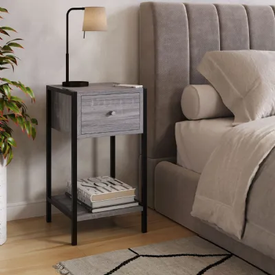 Grey Oak Effect 1 Drawer Bedside Table Side Metal Frame