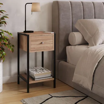 Oak Effect Wood 1 Drawer Bedside Table Side Metal Frame