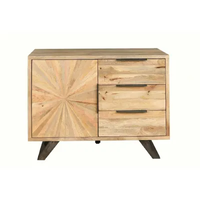Modern Light Mango Wood Small 3 Drawer Sideboard with Sunburst Door