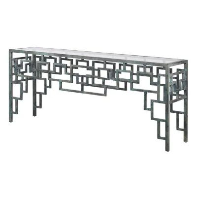 Verdigris Glass Top Geometric Console Table
