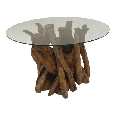 Modern Round Brown Teak Root Coffee Table with Tempered Glass Top