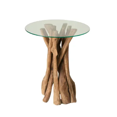 Rustic Teak Root Round Tempered Glass Top Tall Lamp Table