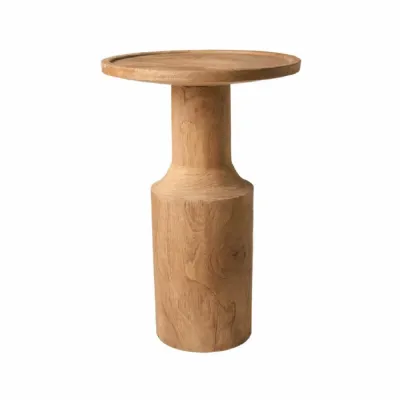 Natural Teak Wood High Side Table with Cylindrical Pedestal Base