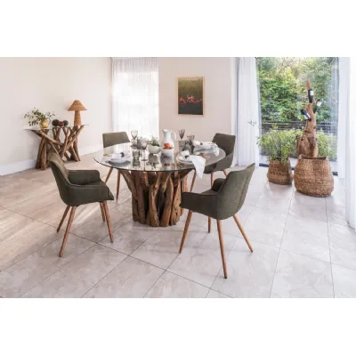 Brown Teak Branchwood Round Glass Top 4 Seater Dining Table