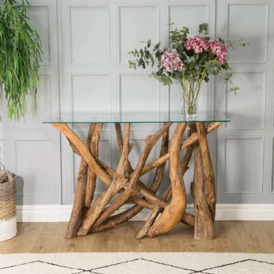 Modern Natural Teak Root Console Table with Tempered Glass Top