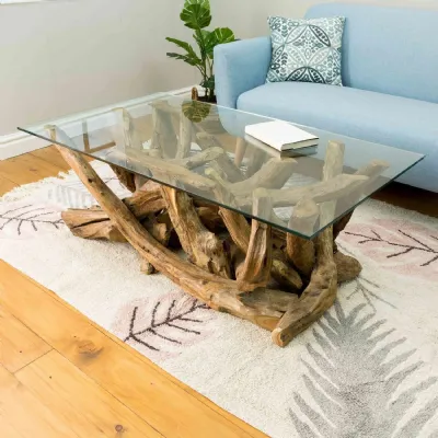 Natural Teak Root Rectangular Coffee Table with Tempered Glass Top