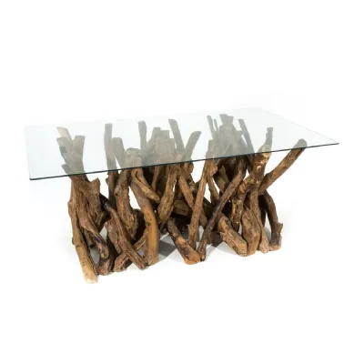 Modern Natural Teak Root Glass Top Rectangular 6 Seater Dining Table