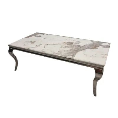 Modern Pandora Marble Top Rectangular Coffee Table with Chrome Metal Legs