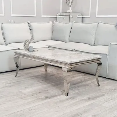 Modern White Marble Top Rectangular Coffee Table with Chrome Metal Legs