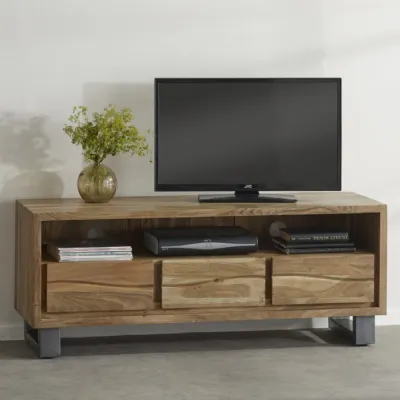 Natural Wood 3 Drawer Industrial Live Edge TV Media Unit