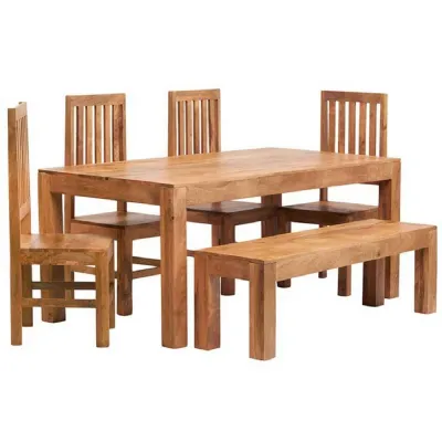 Light Wood 180cm Large Dining Set with Bench and 4 Chairs