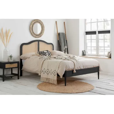 Black Oak Super King Size Bed Natural Rattan Headboard