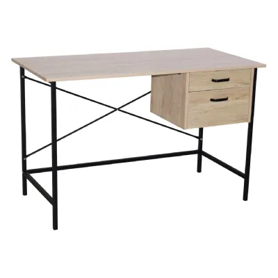 Oak Effect 2 Drawer Desk With Grey Metal Legs