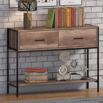 Loft Industrial 2 Drawer Console Table Wood Effect Black Metal Frame