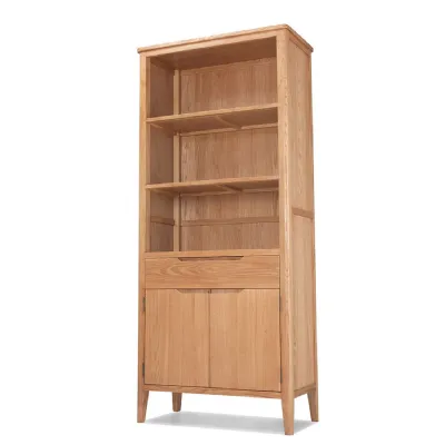 Modern Style Oak Tall Bookcase with Drawer and Lower Cupboard Storage