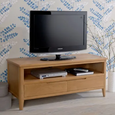 Scandi Style Solid Oak Wood Plasma 2 Drawer TV Unit with Open Shelf