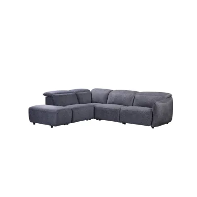 Grey Fabric Corner Sofa with Power Headrests on Recliner