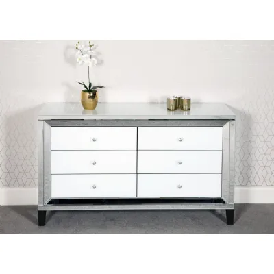White and Mirrored Glass Large Chest of 6 Drawers