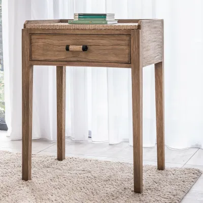 Rustic Solid Wood Lamp Table with Raised Tray Top and Storage Drawer