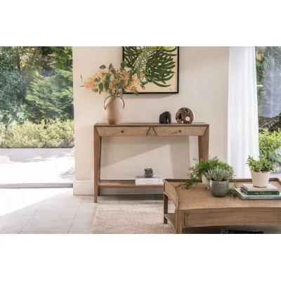 Natural Mango Wood 2 Rattan Textured Drawers Console Table with Shelf