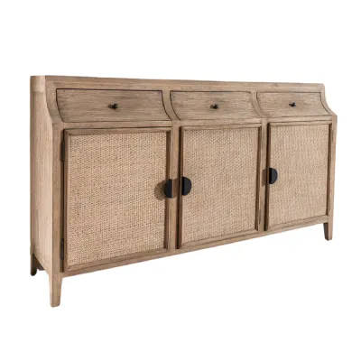 Large Rustic Oak Rattan 3 Door 3 Drawer Sideboard