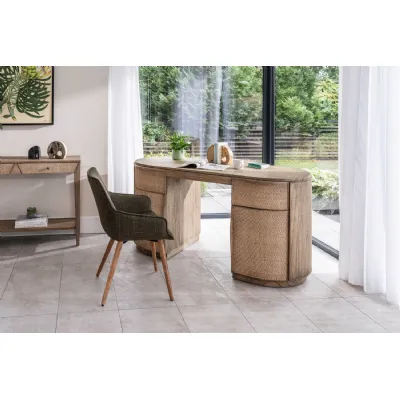 Large Rustic Oak Rattan Home Office 2 Drawer Oval Double Pedestal Desk