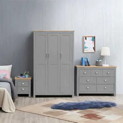 Light Grey Oak Tops 3 Piece Bedroom Set (3 Door Wardrobe, 3+4 Chest, 2 Drawer Bedside)