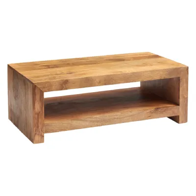 Light Mango Wood Rectangular Large Coffee Table with Shelf